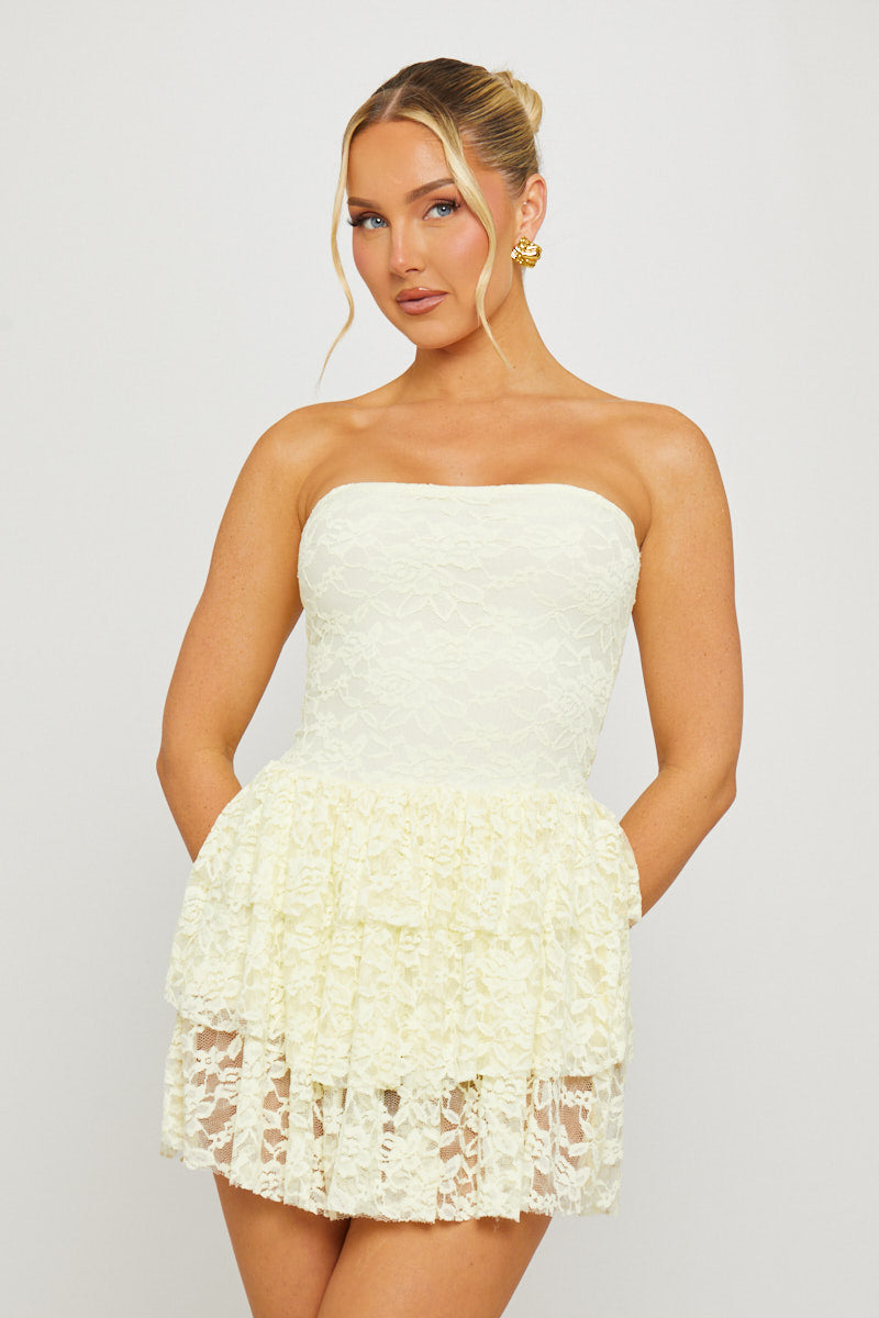 Lemon Lace Strapless Bandeau Ruffle Mini Dress