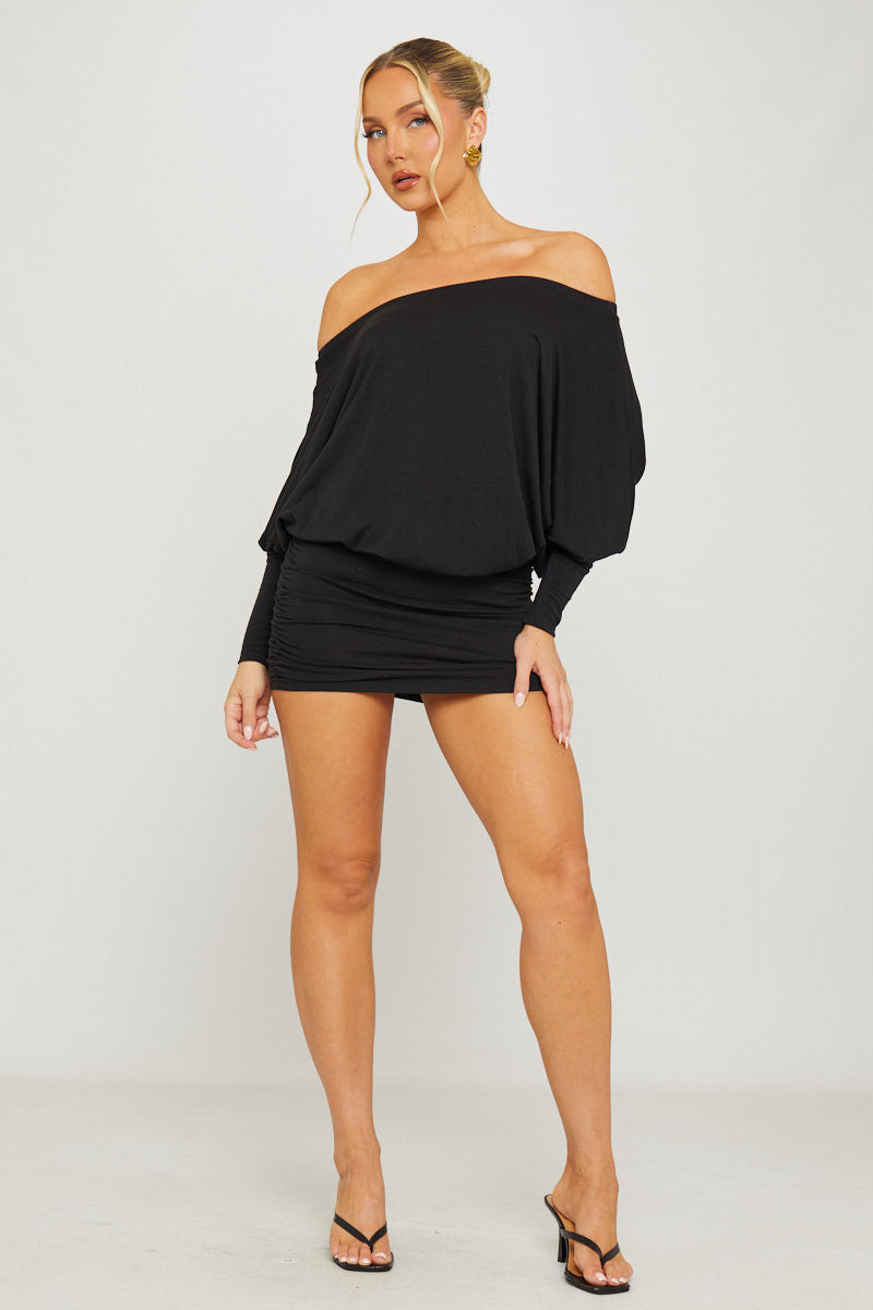 Black Ruched Batwing Off-Shoulder Mini Dress