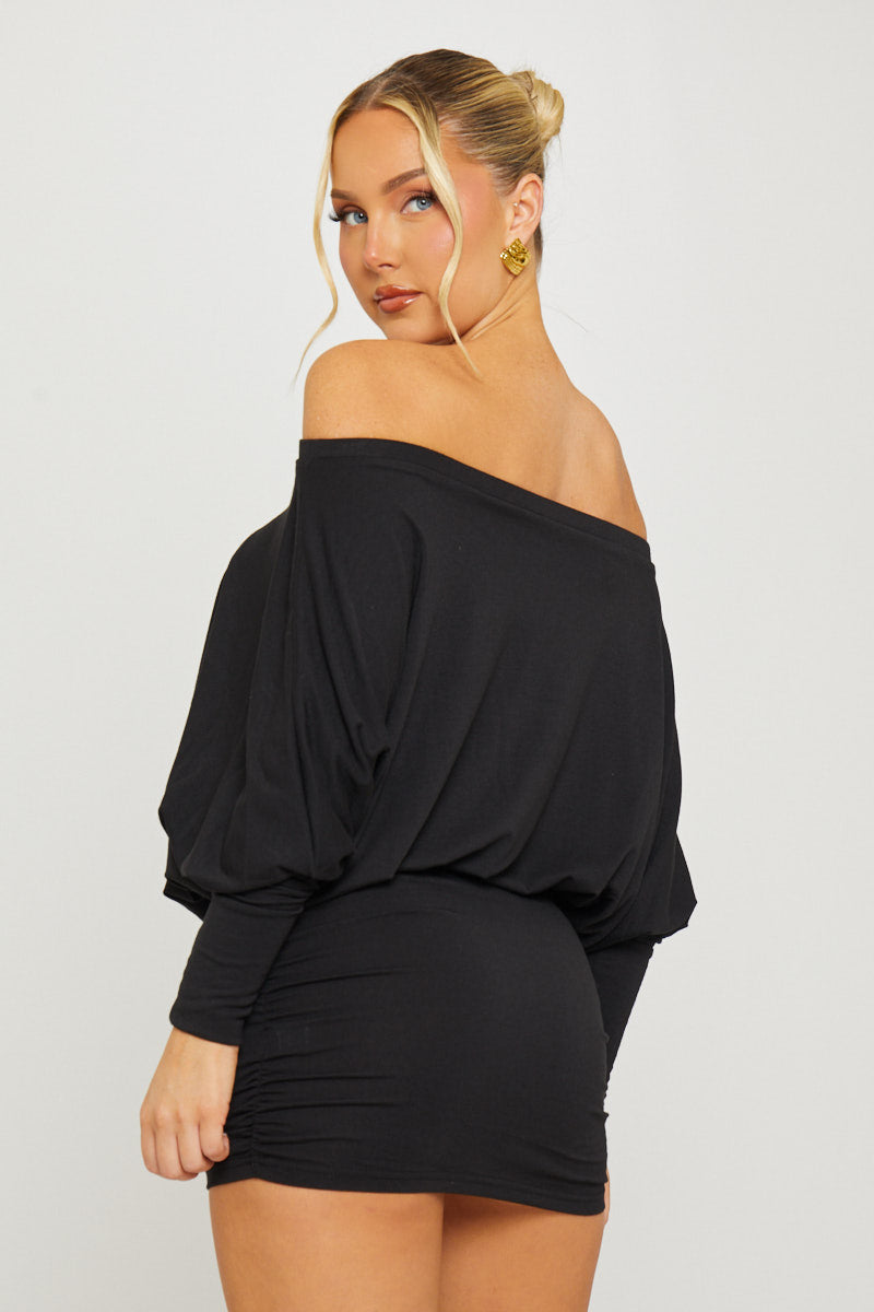 Black Ruched Batwing Off-Shoulder Mini Dress
