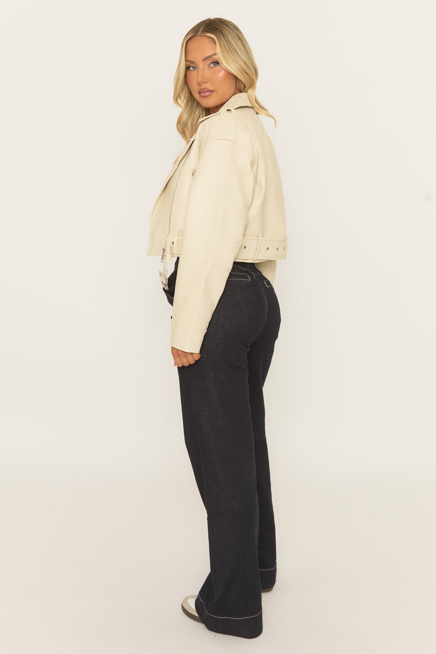 Cream Cropped PU Biker Jacket - Kristine