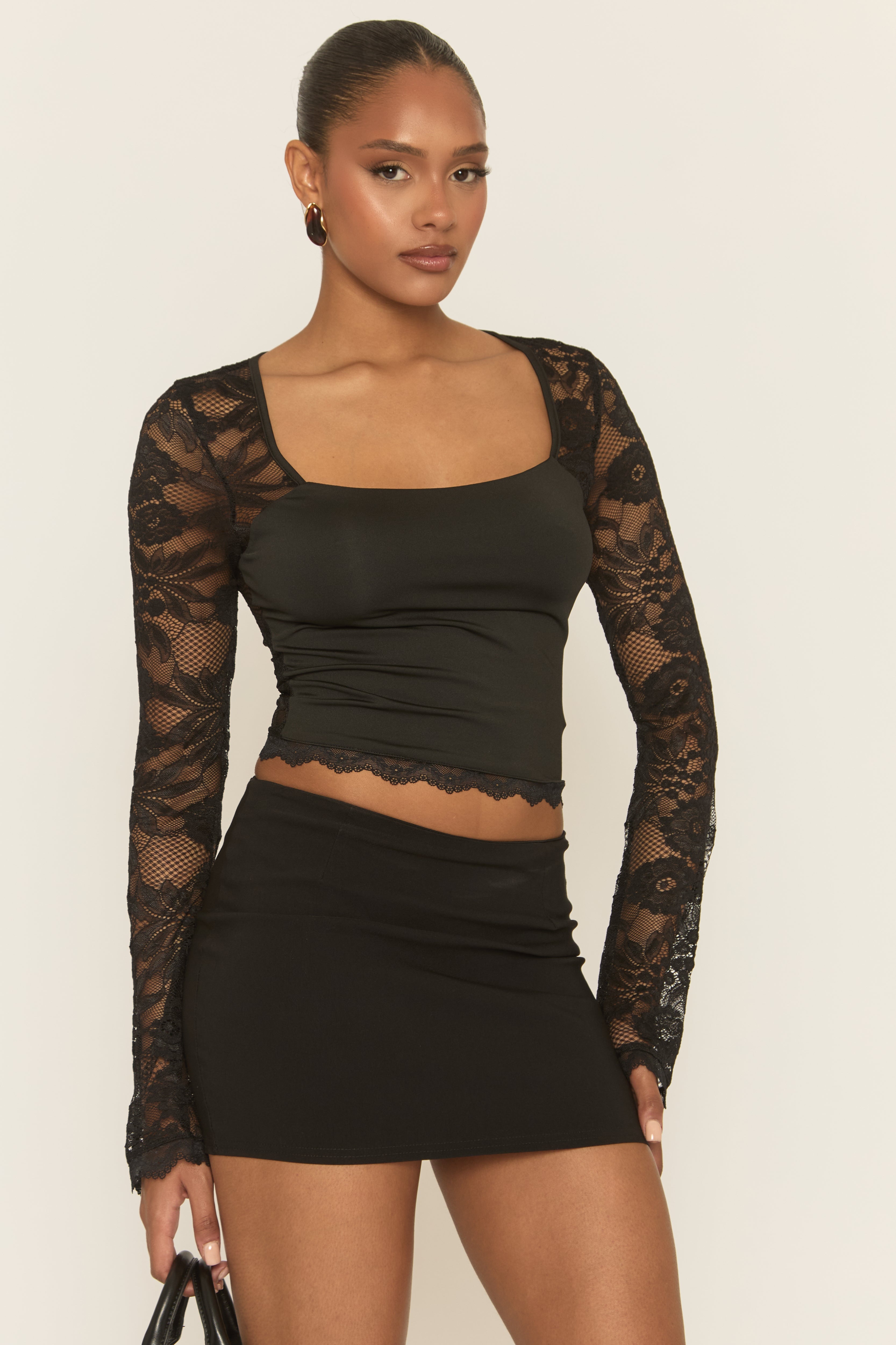 Black Lace Square Neck Long Sleeve Top - Rosalia