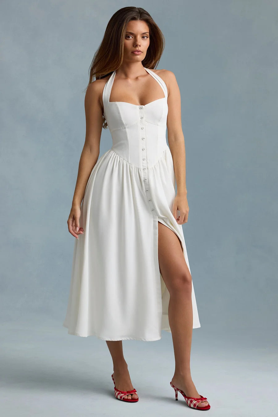 Halterneck midaxi-jurk met knoopdetail in wit