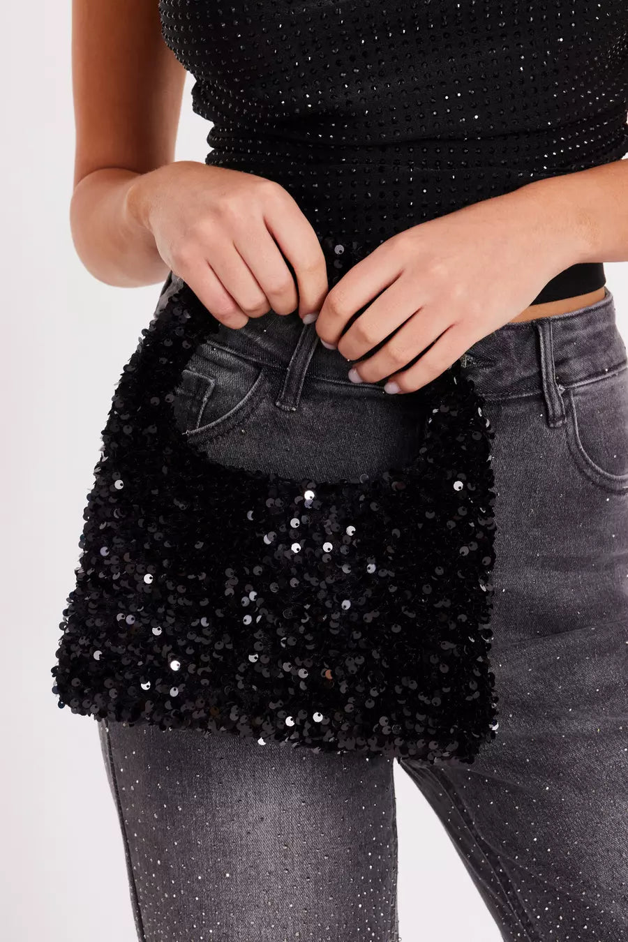 Black Sequin Top Handle Bag