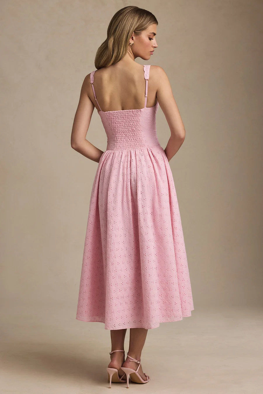 Elegante A-lijn midaxi-jurk met broderie Anglaise strikdetail (lichtroze)