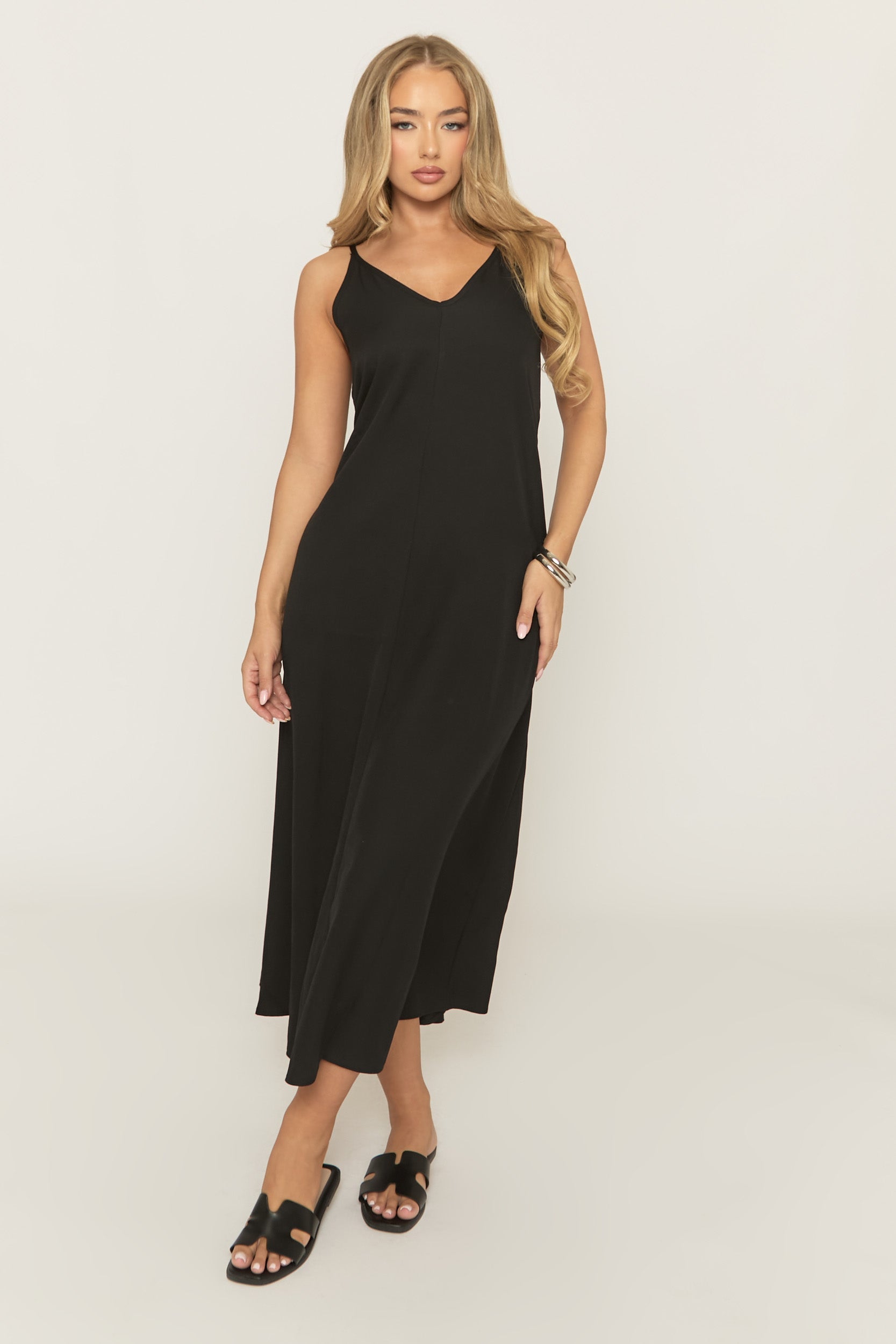 Black Linen Look Strappy Midi Dress - Mirri