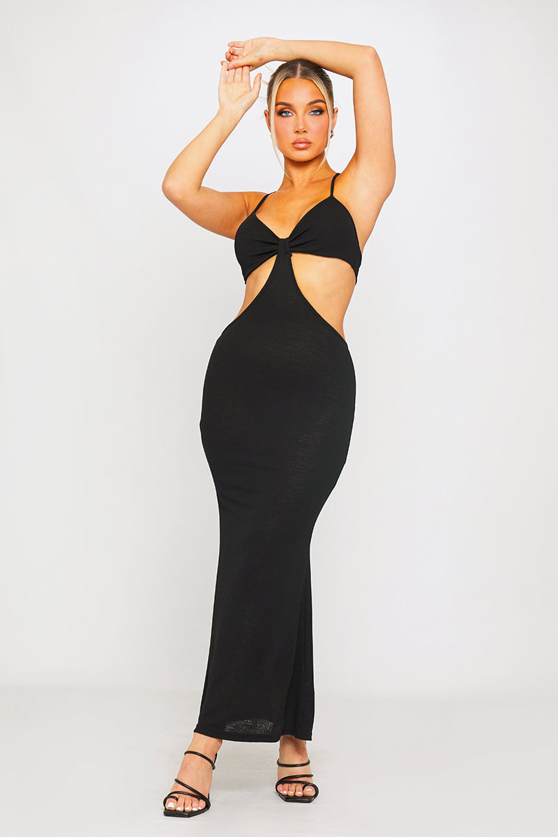 Black Knit Sheer Cut Out Maxi Dress