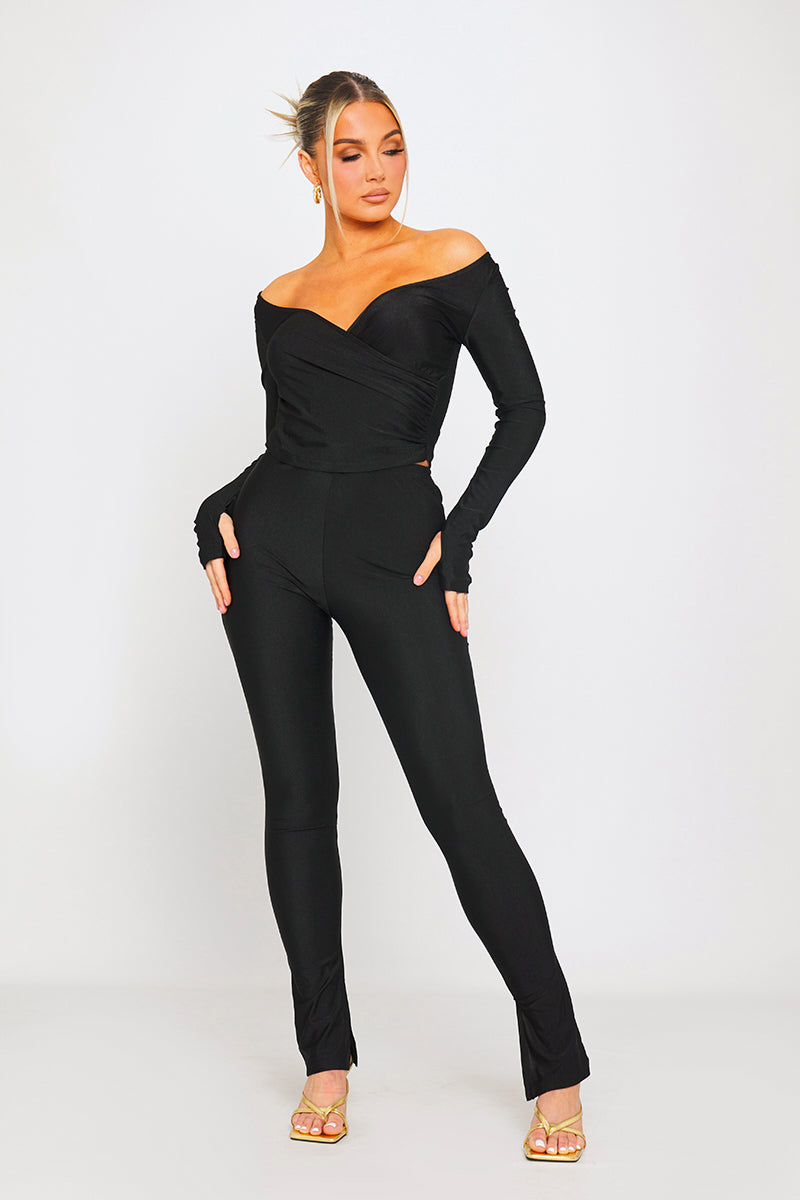 Elegant Wrap Plunge Split Leggings Matching Co-Ord
