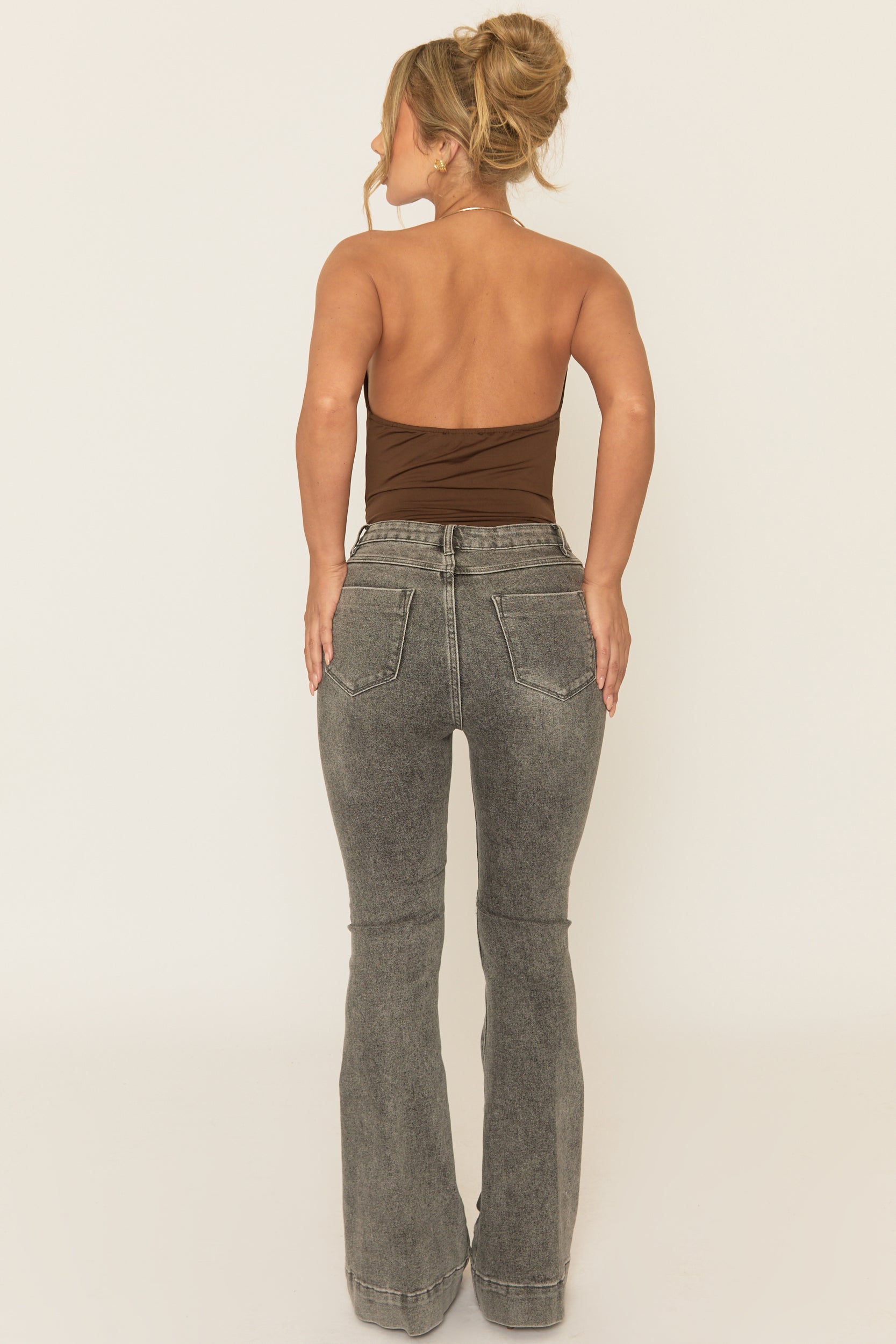 Washed Grey Stretch Flare Denim Jeans - Ronia