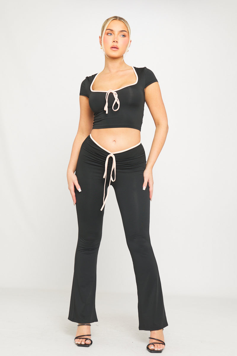 Black Contrast Tie Front Ruched Flared Trousers