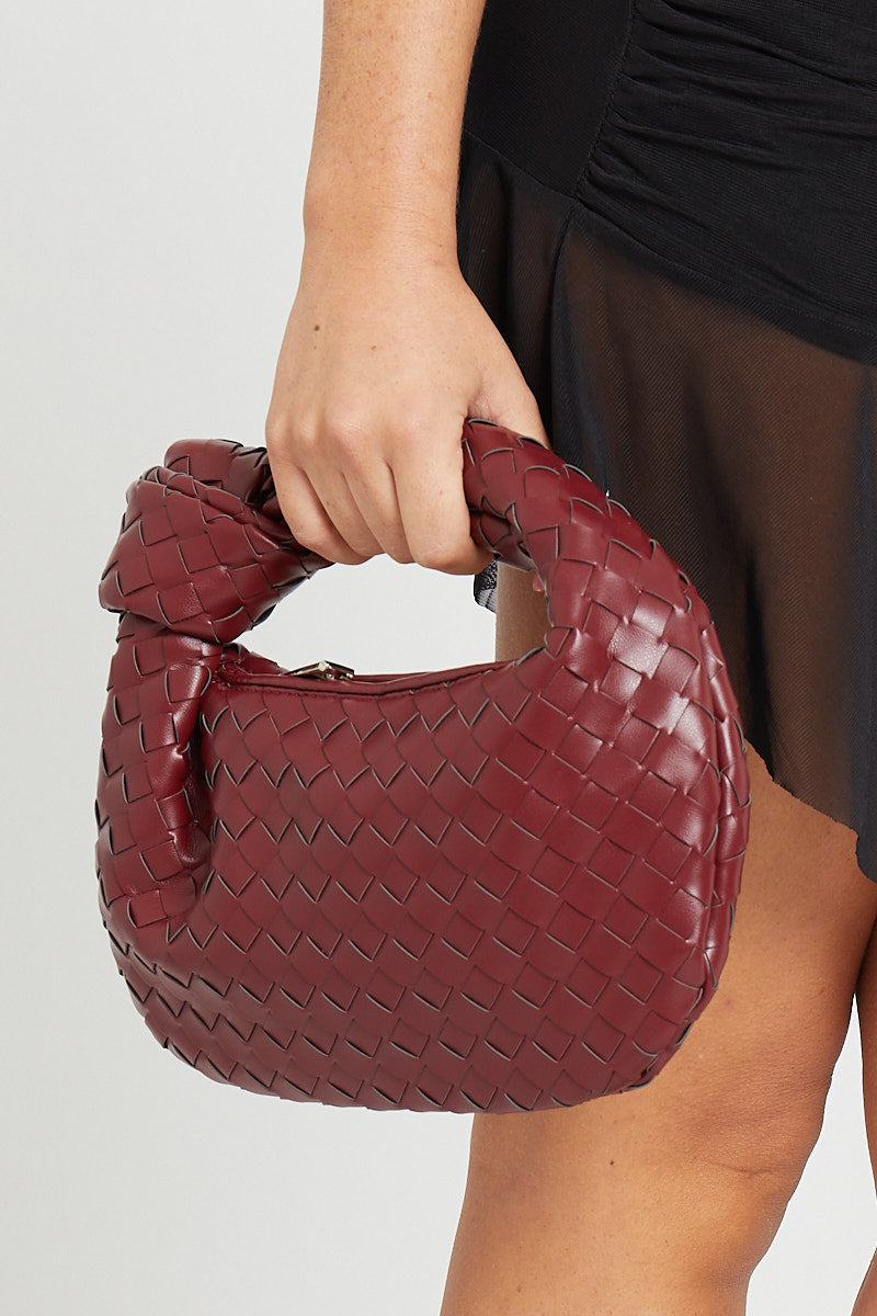 Black Faux Leather Woven Knot Top Handle Mini Bag