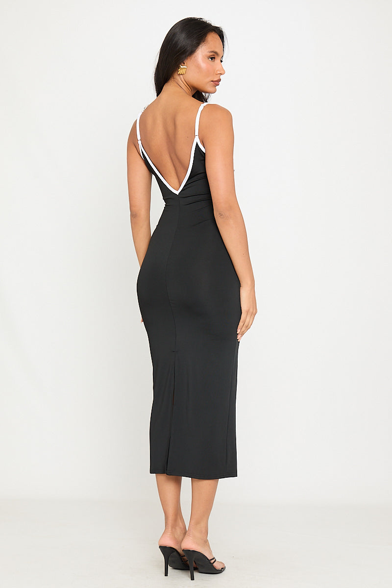 Black Strappy Plunge Contrast Midi Dress