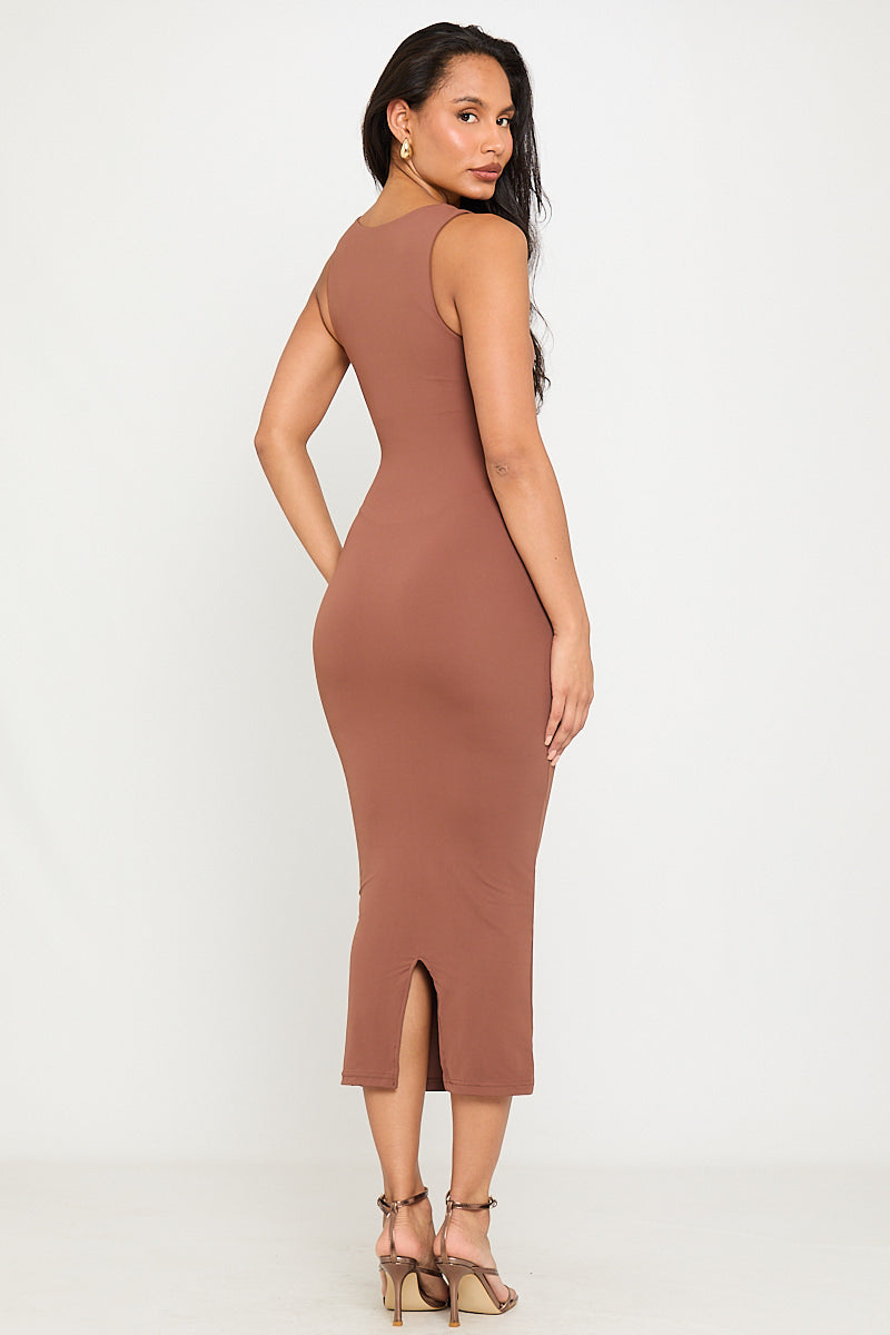 Coffee Bodycon Layered Square Neck Midi Dress