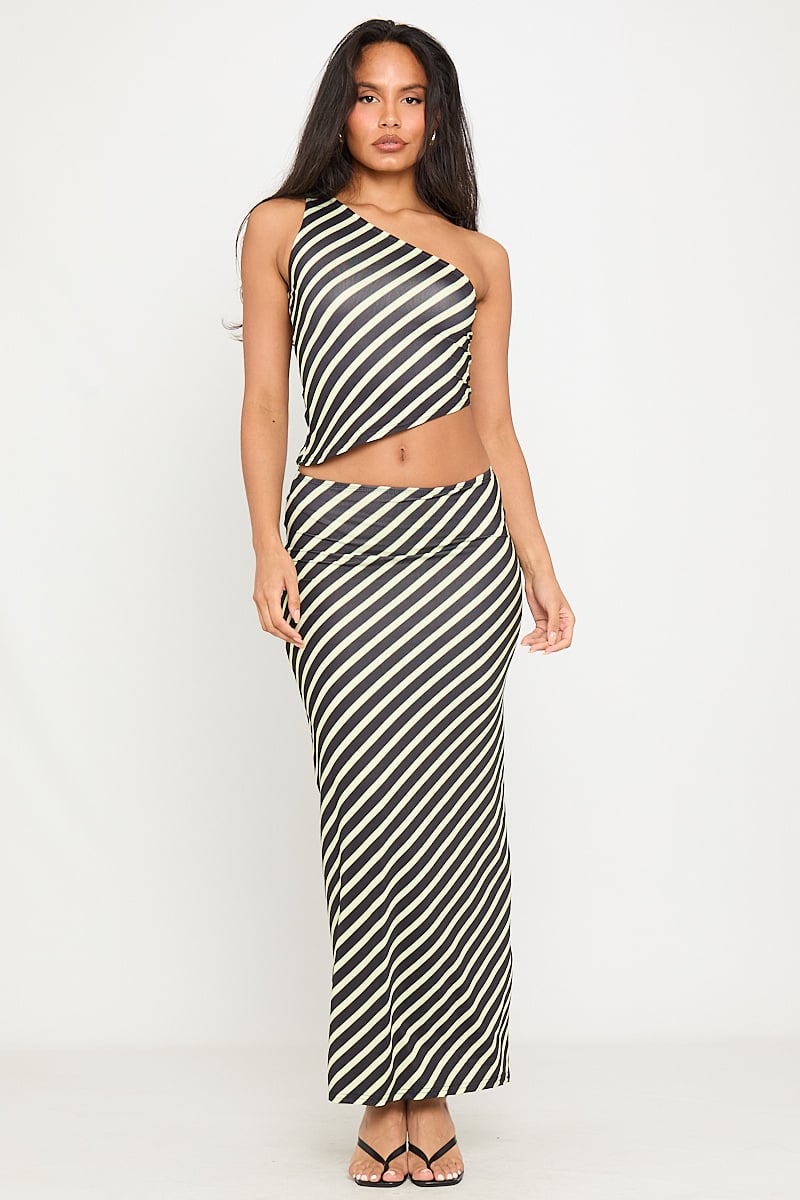 Statement Stripe Asymmetric Crop Top & Flared Maxi Skirt