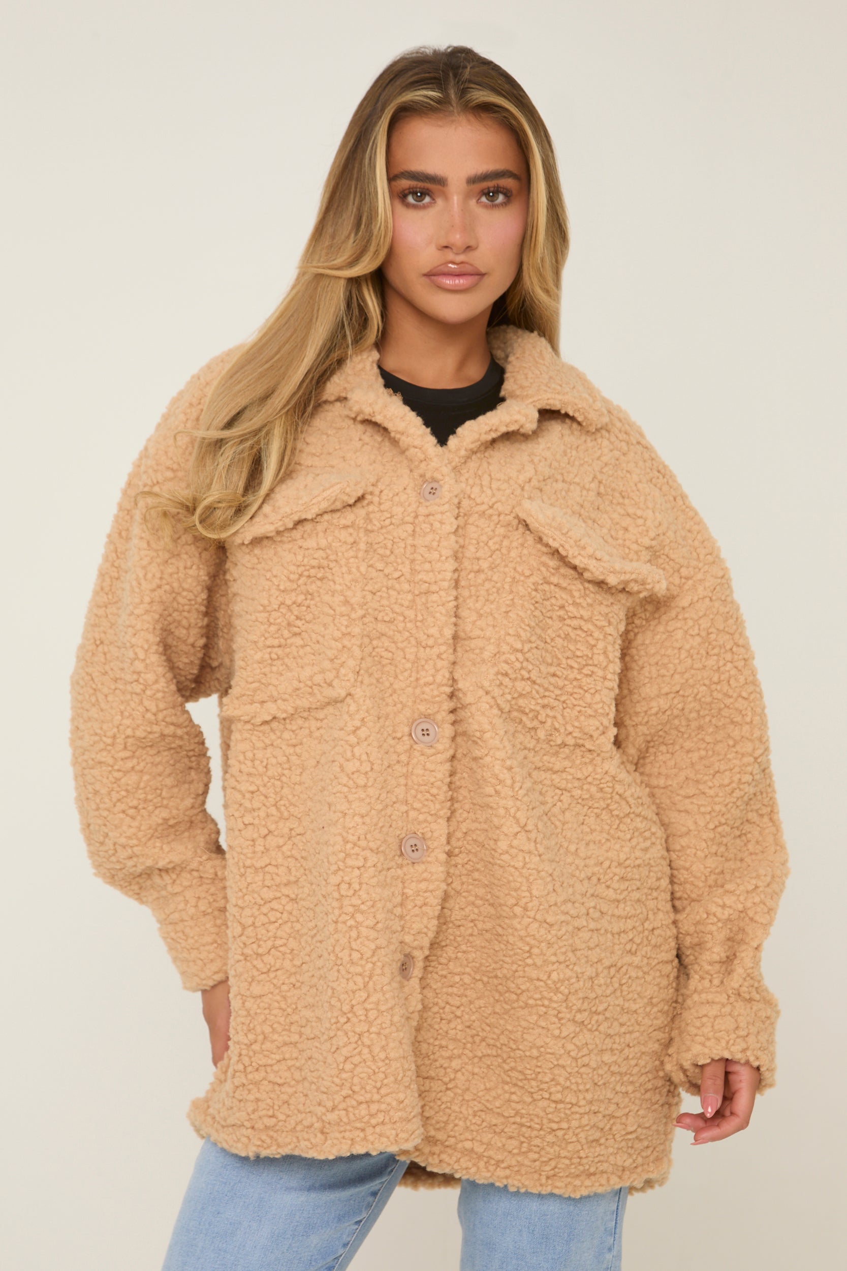 Camel Sherpa Oversized Longline Long Sleeves Shacket - Agnes
